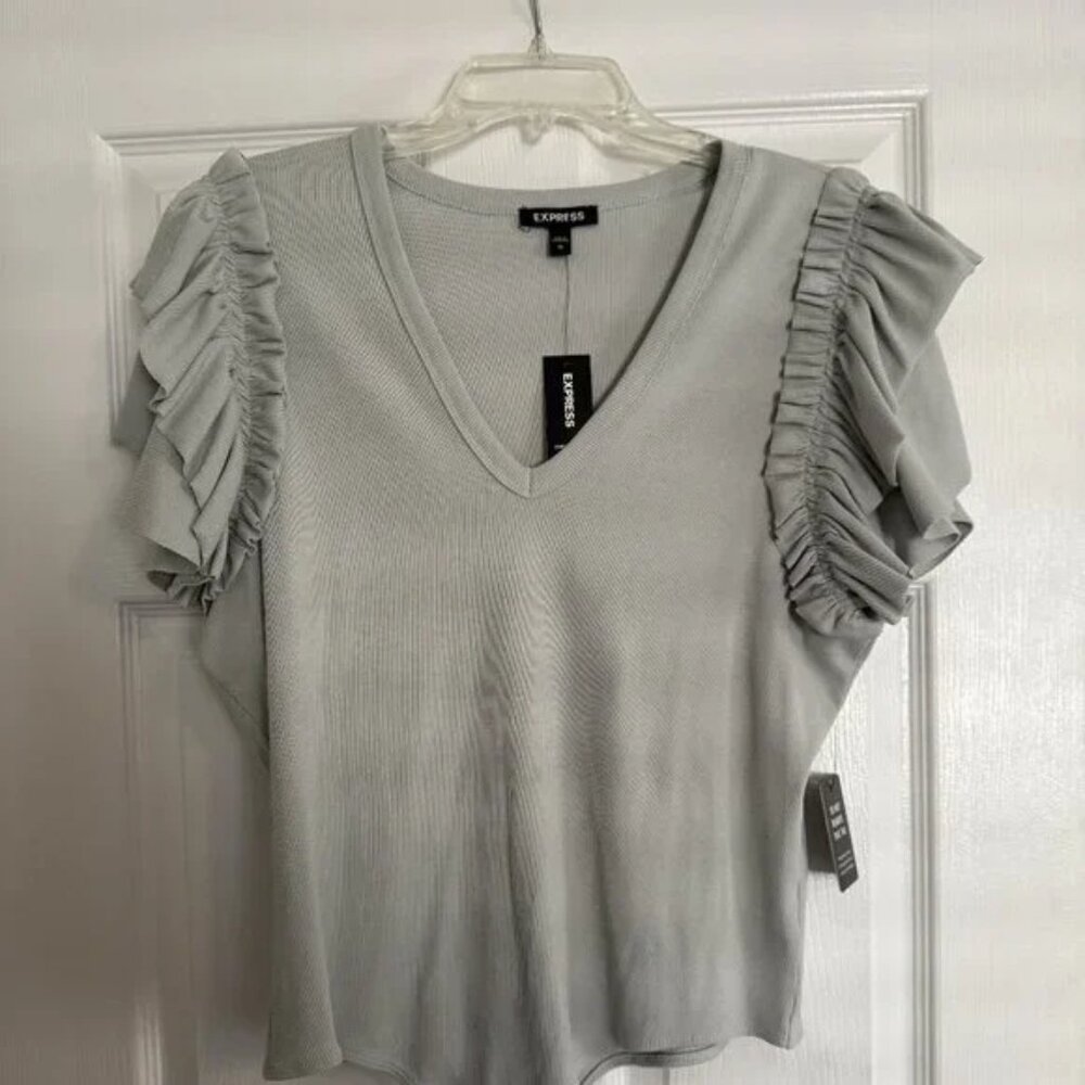 Express Ribbed V-Neck Ruffle Sleeve Bodysuit - Women's